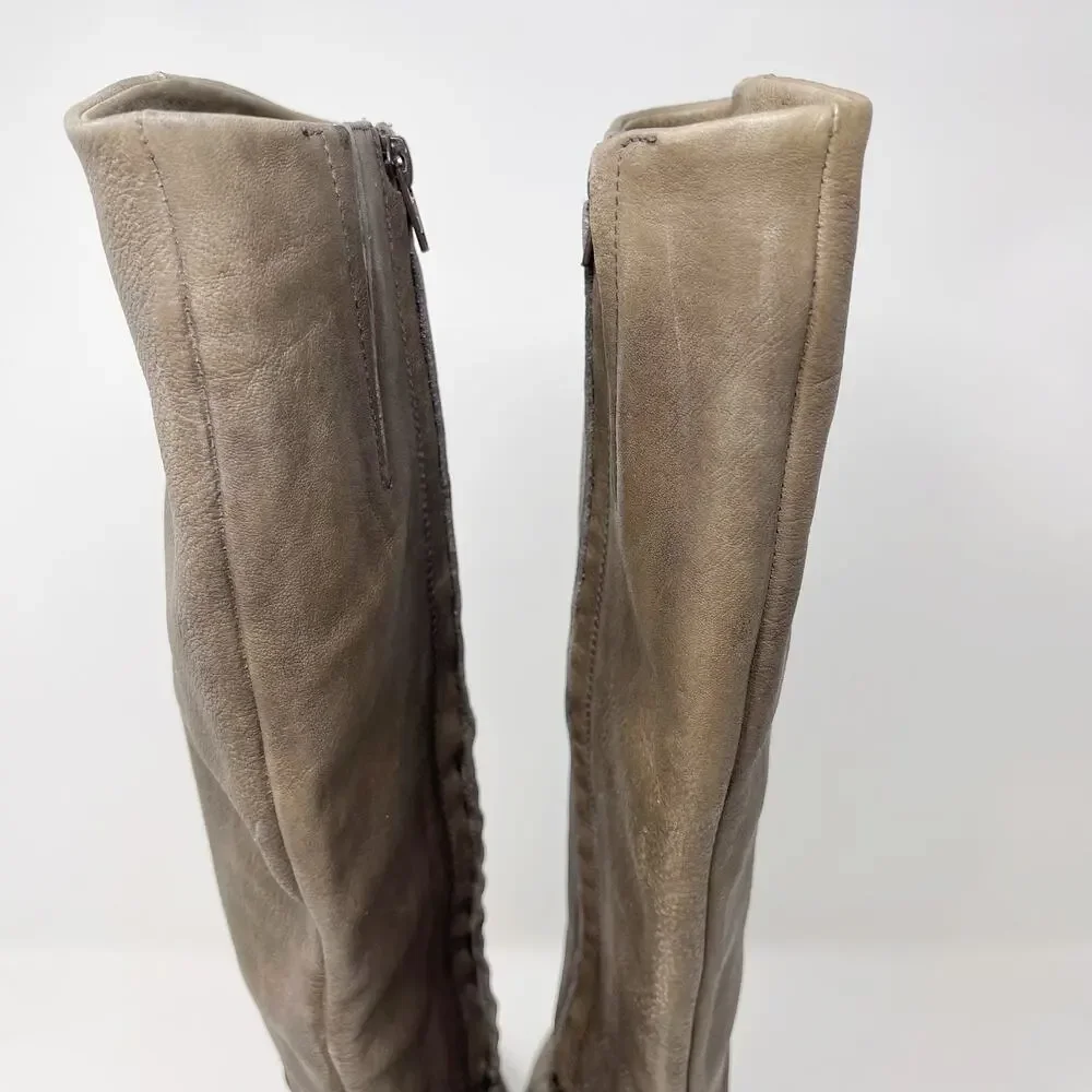 Kate Spade Size 6 Gray Leather Block Heeled Tall Boots Almond Toe Side Zipper